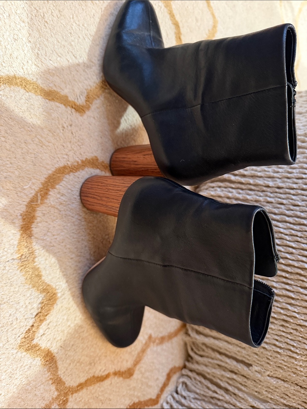 Loeffler Randall Black Leather Ankle Boots with Wood-Tone Block Heel